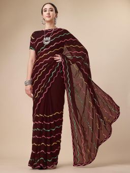 Nyri - Brown Pure Georgette Embroidered Festive Designer Saree with Unstitched Blouse