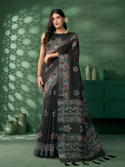 Nyri - Black Jaipuri Cotton Block Printed Zari Festive Saree with Unstitched Blouse