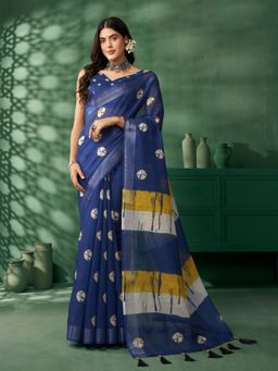 Nyri - Navy Blue Jaipuri Cotton Block Printed Zari Festive Saree with Unstitched Blouse