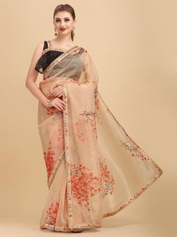 Nyri - Peach Shinny Organza Sequinned Printed Designer Saree with Unstitched Blouse