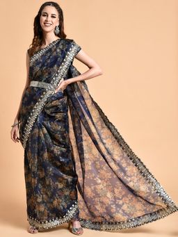 Nyri - Navy Blue Organza Sequinned Embellished Celebrity Saree with Unstitched Blouse and Belt