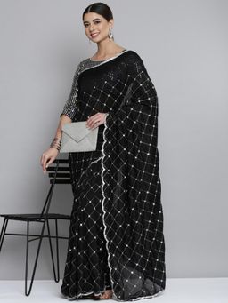 Nyri - Silk Blend Z Black Fully Silver Zaal Sequinned Saree with Unstitched Blouse