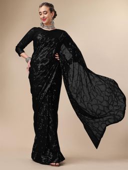 Nyri - Shinny Black Pure Georgette Embellished Party Designer Saree with Unstitched Blouse