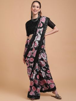 Nyri - Black Pure Georgette Floral Lace Embroidered Celebrity Saree with Unstitched Blouse