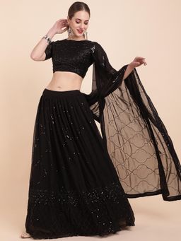 Nyri - Blooming Black quinned Party Lehenga Designer Saree with Unstitched Blouse
