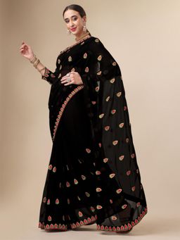 Nyri - Shinny Black Pure Georgette Embellished Festive Designer Saree with Unstitched Blouse