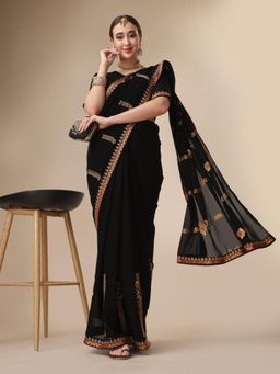 Nyri - Shinny Black Pure Georgette Embellished Festive Designer Saree with Unstitched Blouse