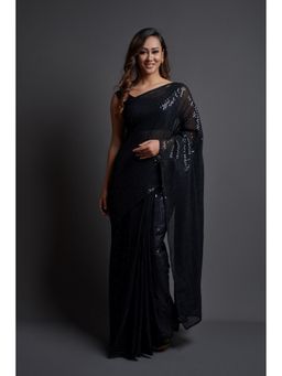 Nyri - Pure Georgette Blooming Black Sequinned Party Saree with Unstitched Blouse