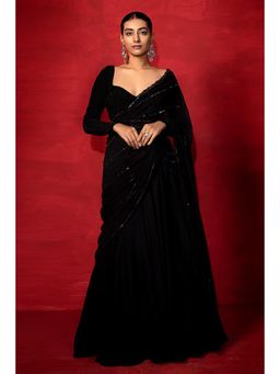 Nyri - Black Blooming Lehenga Style Saree with Stitched Lehenga & Dupatta with Unstitched Blouse