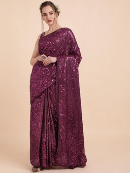 Nyri - Burgundy Pure Georgette Fully Jaal Sequinned Party Saree with Unstitched Blouse