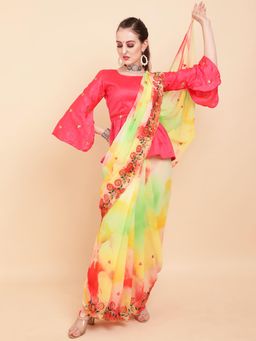 Nyri - Mustard Georgette Batik Embroidered Designer Saree with Unstitched Blouse