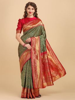 Nyri - Green Woven Design Silk Blend Zari Festive Saree with Unstitched Blouse