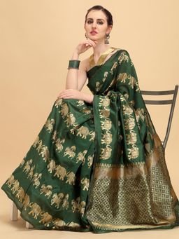 Nyri - Green Silk Blend Woven Design Banarasi Zari Work Saree with Unstitched Blouse