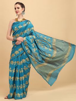 Nyri - Turquoise Blue Silk Blend Woven Design Banarasi Zari Work Saree with Unstitched Blouse