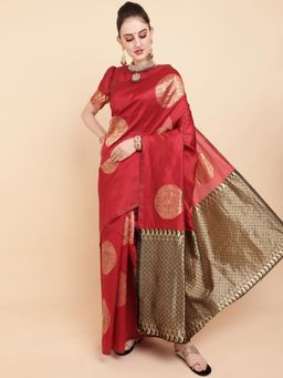 Nyri - Shiny Red Silk Blend Woven Design Zari Festive Saree with Unstitched Blouse