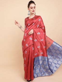 Nyri - Shiny Nude Silk Blend Woven Design Zari Festive Saree with Unstitched Blouse