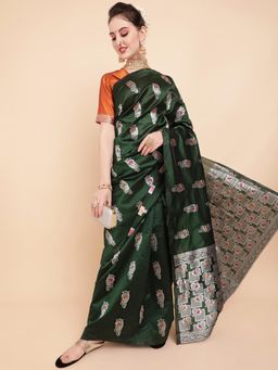 Nyri - Shiny Olive Silk Blend Woven Design Zari Festive Saree with Unstitched Blouse