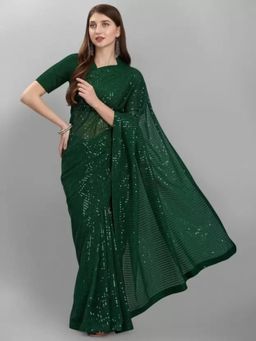 Nyri - Green Pure Georgette Striped Fully Sequinned Celebrity Saree with Unstitched Blouse