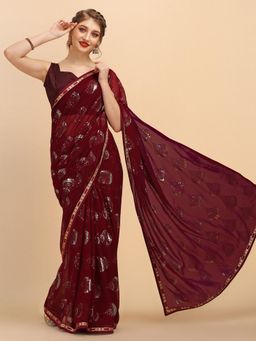 Nyri - Burgundy Pure Georgette Abstract Sequinned Festive Saree with Unstitched Blouse