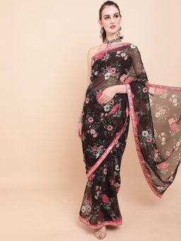 Nyri - Blooming Black Pure Georgette Stunning Border Celebrity Saree with Unstitched Blouse