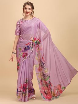 Nyri - Lavender Blooming Satin Perl Border Embellished Designer Saree with Unstitched Blouse