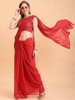 Nyri - Red Pure Georgette Embroidered Cutwork Border Designer Saree with Unstitched Blouse