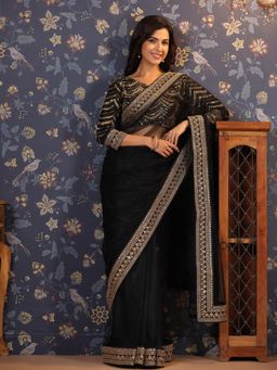 Nyri - House of Pataudi Embroidered Sequinned Saree with Unstitched Blouse
