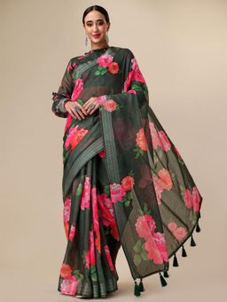 Nyri - Green Pure Linen Printed Work Designer Saree with Unstitched Blouse