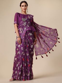 Nyri - Purple Pure Linen Printed Work Designer Saree with Unstitched Blouse