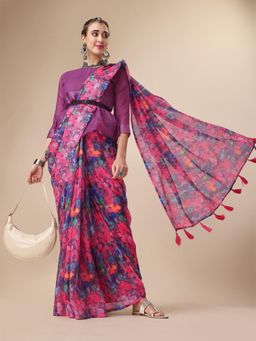 Nyri - Pink Pure Linen Festive Saree with Unstitched Blouse