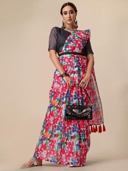 Nyri - Shinny Multi-Color Pure Linen Printed Work Designer Saree with Unstitched Blouse