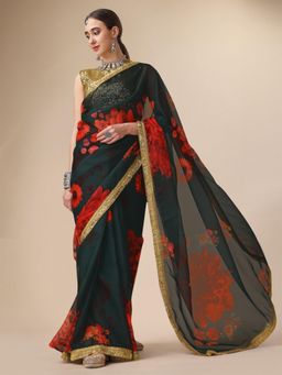 Nyri - Olive Organza Printed Festive Designer Saree with Unstitched Blouse