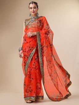 Nyri - Rust Organza Printed Festive Designer Saree with Unstitched Blouse