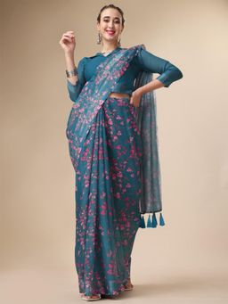 Nyri - Teal Pure Linen Printed Work Designer Saree with Unstitched Blouse