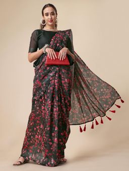 Nyri - Shinny Black Pure Linen Printed Work Designer Saree with Unstitched Blouse