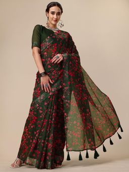 Nyri - Green Pure Linen Printed Work Designer Saree with Unstitched Blouse