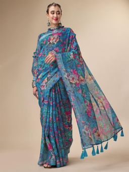 Nyri - Sky Firozi Pure Linen Festive Saree with Unstitched Blouse