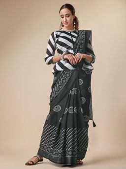 Nyri - Shinny Black Pure Linen Printed Work Designer Saree with Unstitched Blouse