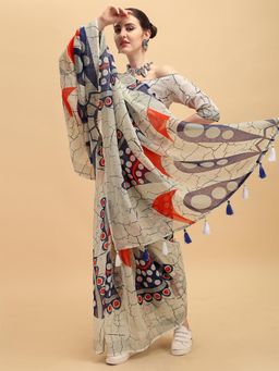 Nyri - Beige Pure Linen Tassels Work Wear Saree with Unstitched Blouse