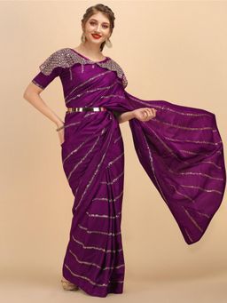 Nyri - Purple Silk Blend Striped Festive Heavy Work Saree with Unstitched Blouse