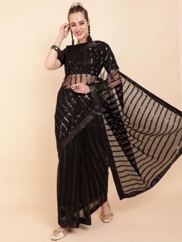 Nyri - Black Suparnet Striped Sequinned Party Saree with Unstitched Blouse