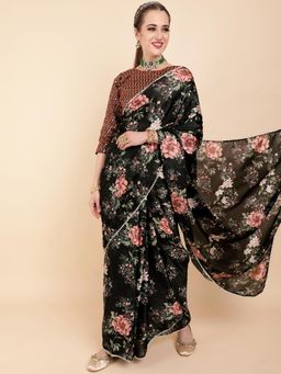 Nyri - Milky Satin Blooming Black Printed Perl Border Party Saree with Unstitched Blouse