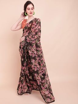 Nyri - Blooming Black Pure Georgette Floral Printed Party Designer Saree with Unstitched Blouse