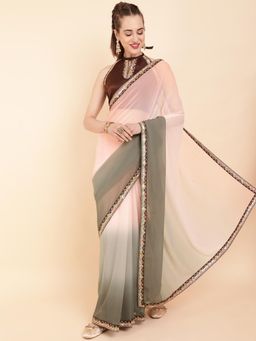 Nyri - Rose Pure Georgette Ombre Embroidered Designer Saree with Unstitched Blouse