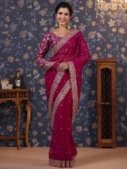 Nyri - Pure Georgette Purple Embroidered Embellished Embroidered Festive Heavy Work