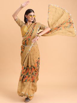 Nyri - Beige Dyed Colourblocked Sequinned Border Saree with Unstitched Blouse