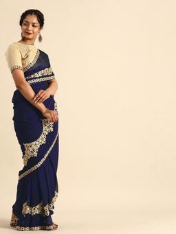 Nyri - Blue Pure Chiffon Embellished Lower Work Party Saree with Unstitched Blouse