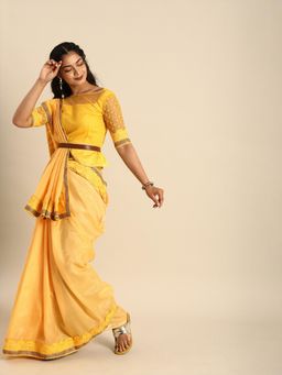 Nyri - Yellow Silk Blend Embroidered Batik Work Sleeves Designer Saree with Unstitched Blouse