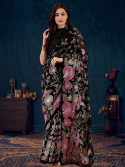 Nyri - Black Pure Georgette Embroidered Batik Festive Heavy Work Saree with Unstitched Blouse