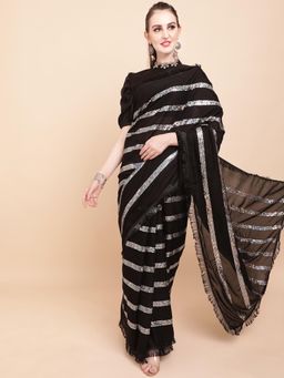 Nyri - Blooming Black Pure Georgette Striped Rainbow Sequinned Saree with Unstitched Blouse